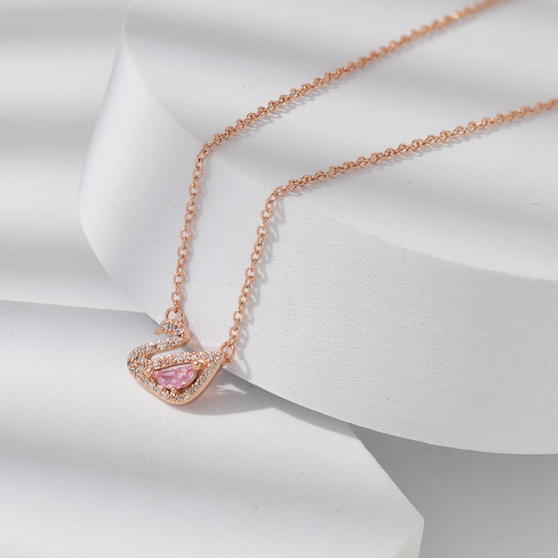 XiaoboACC Korean Fashion Pink Swan Necklace Female Diamond Crystal Pendant Titanium Steel Non-fading Clavicle Chain