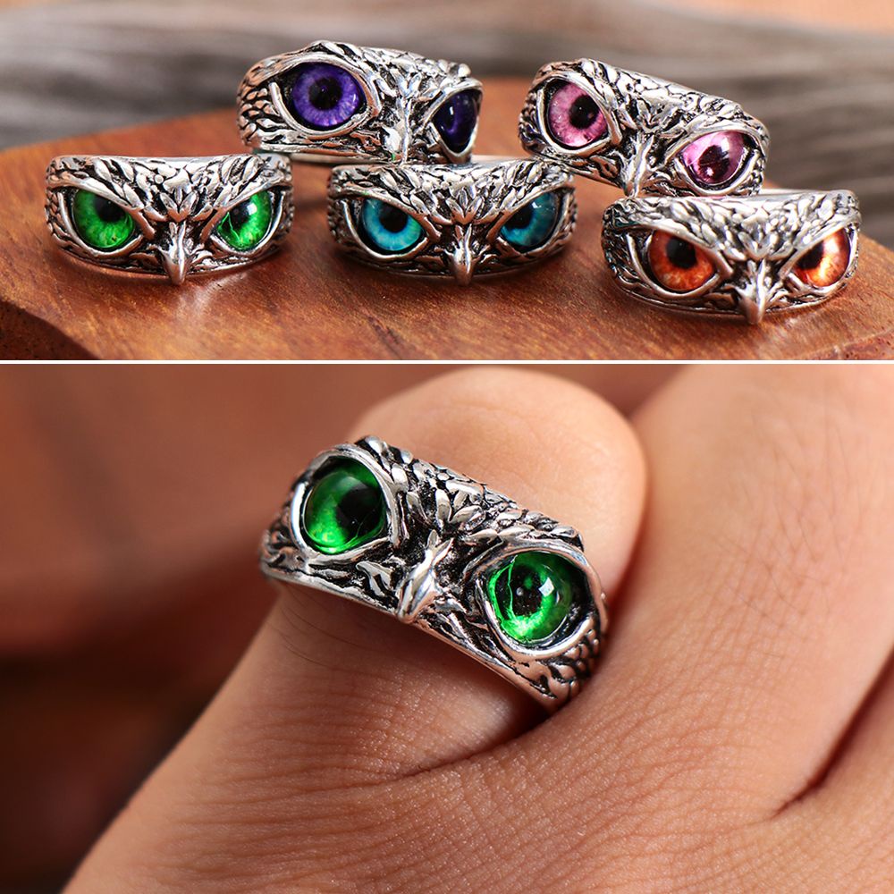 Cincin Model Terbuka Dapat Disesuaikan Desain Hewan Mata Setan Burung Hantu Warna-Warni Gaya Retro Vintage Untuk Hadiah Hari Ibu