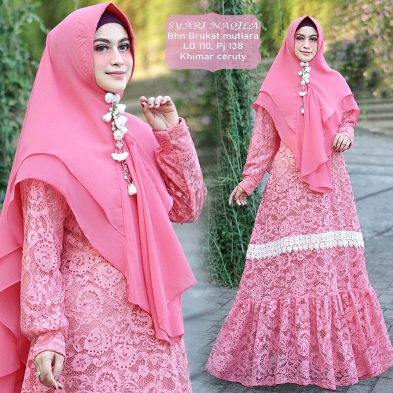setelan gamis brokat mutiara renda set khimar jumbo mewah brukat pesta import