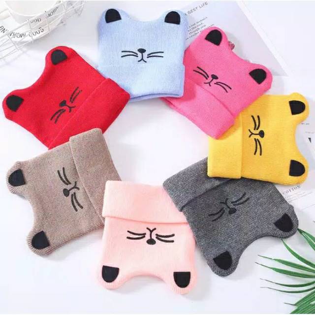 Topi Kupluk Rajut Bayi Telinga Kucing Topi Kupluk Bayi Unisex Cat Kumis Kucing Lucu