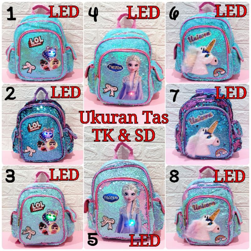  Tas  Sequin  Frozen LED Lampu Ransel Sekolah Anak SD dan TK 