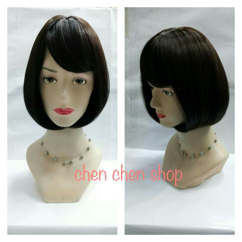Wig rambut palsu bob pendek poni samping