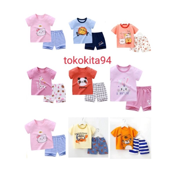 Setelan Baju Anak  Import Motif Lucu Kartun Baju + Celana - Baju Bayi 1Set Atas Bawah Korea Motif Kartun - Baju Anak Homewear 1Set Cewek Cowok Korea Import Lengan Pendek- Stelan Baju Anak Import