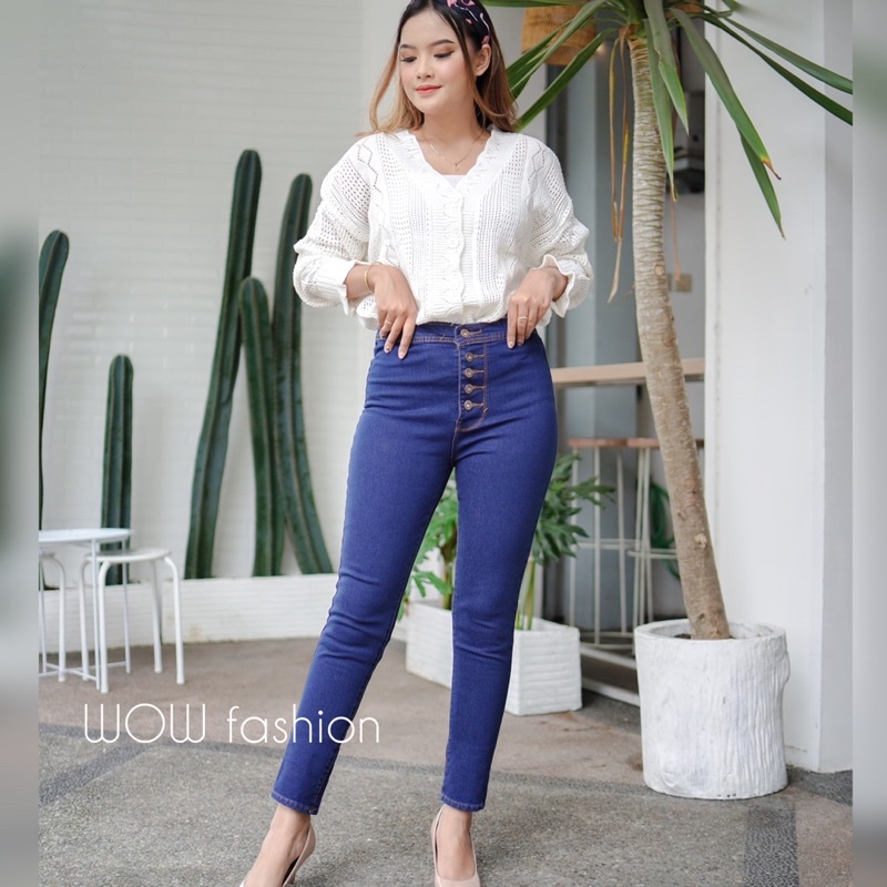 WOW-Celana Jeans Kancing 5 Aktif Streach HW// Celana Pencil Wanita//Celana Jeans Polos Streach HW//Celana Jeans Highwaist Wanita