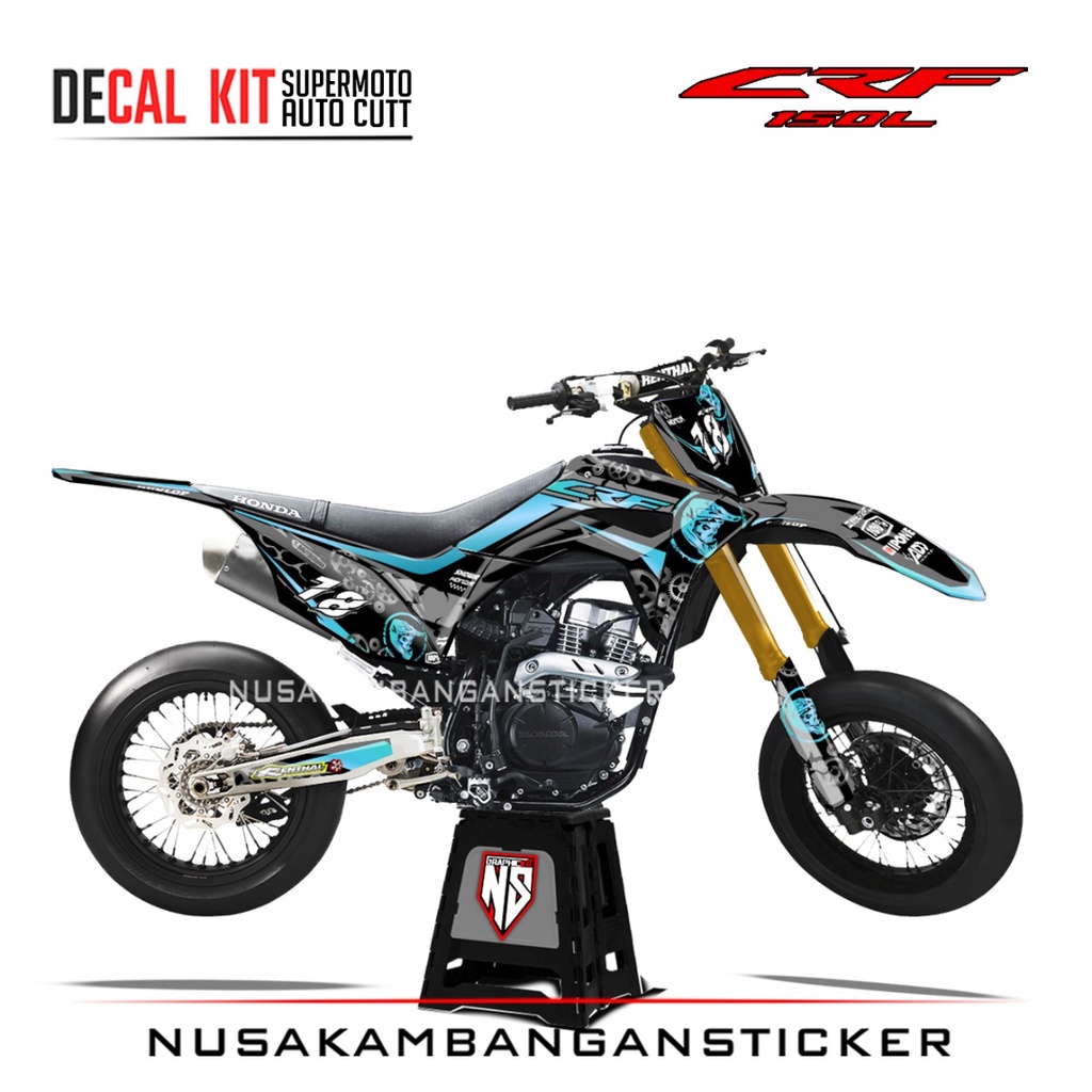 Decal Stiker Supermoto Motor Honda CRF 150 L Full Body Hitam Biru Toska Grafis Racing Team Sticker K