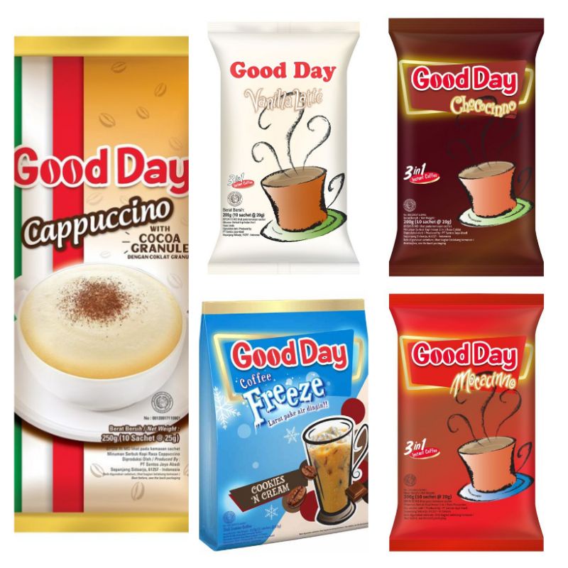 

Kopi Good Day 3in1 Chococinno Mocacinno Vanilla Latte Cappucino Freeze Cookies Cream Hazelnut Machiato