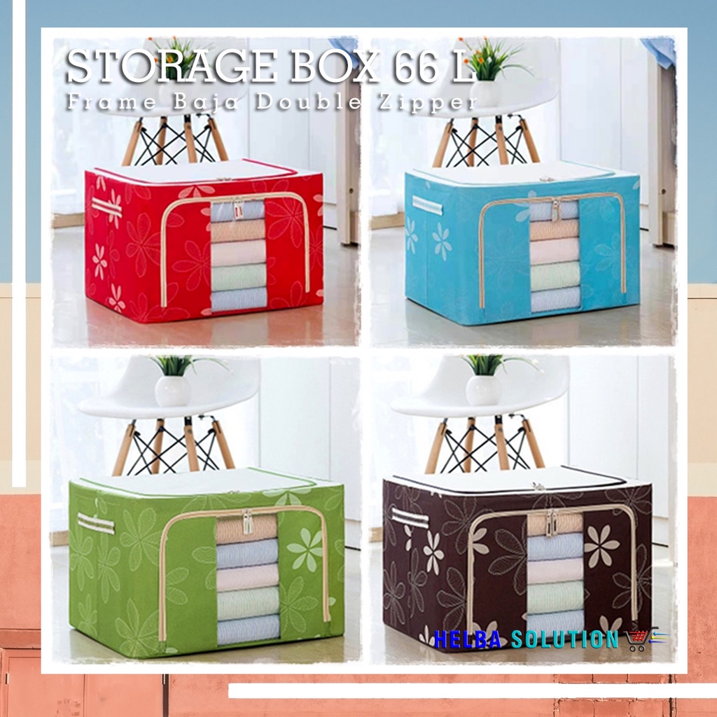 BOX Penyimpanan Kotak Pakaian Bedcover Selimut LARGE STORAGE BOX Double Zipper large 66 Liter Motif Flower Serbaguna