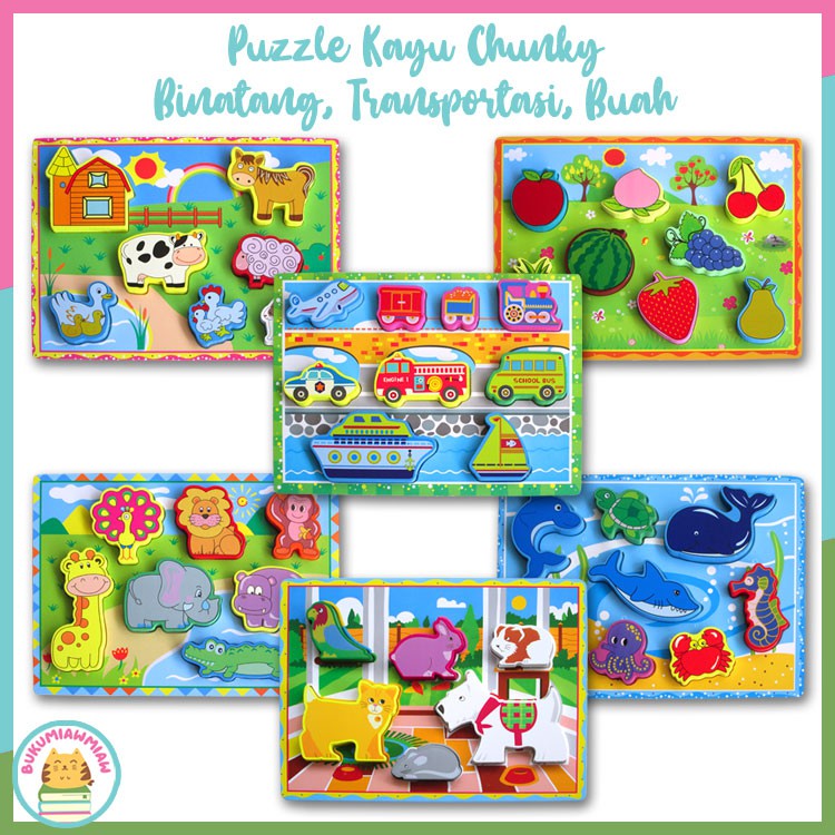 Puzzle Kayu Chunky Binatang, Transportasi, Buah / Puzzle Kayu Knob Binatang (WW)