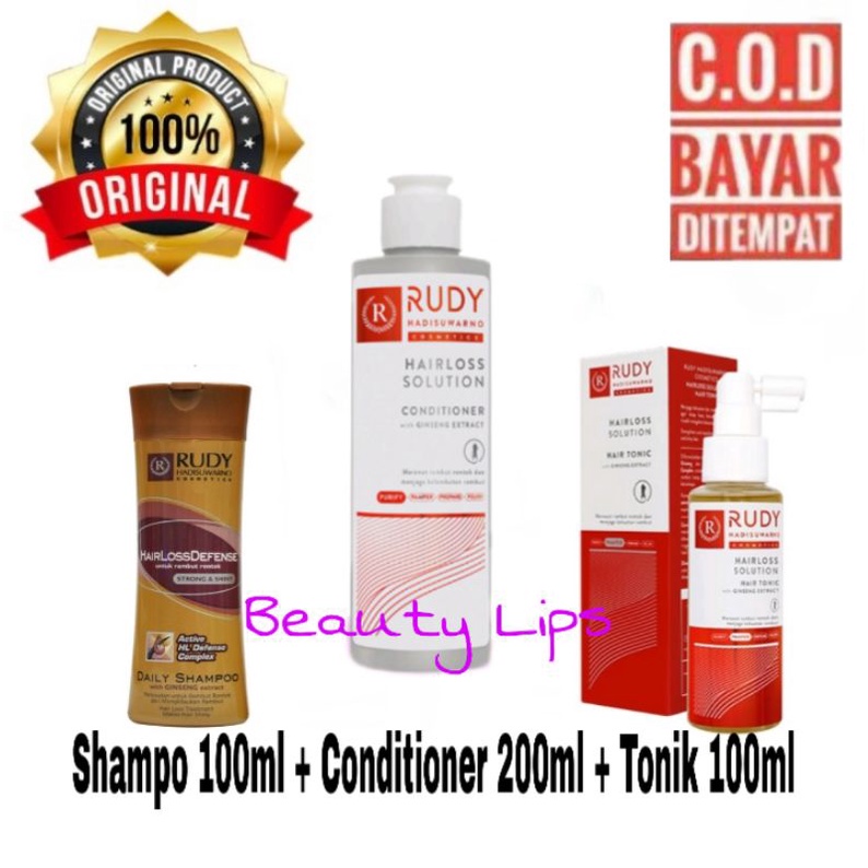 Paket Rudi / Rudy Hadisuwarno 3 in 1 ( Shampo 100 ml + Conditioner Rambut 200 ml + Tonik Rambut Rontok100 ml ) Mengatasi Rambut Rontok dan Botak