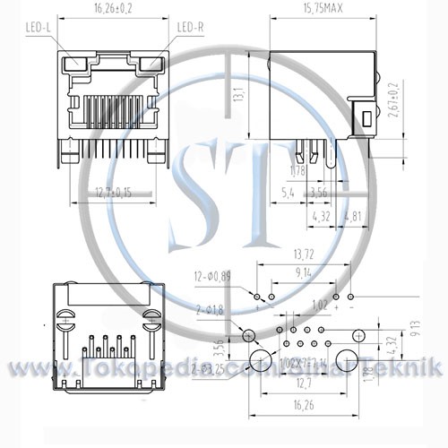 BA-103-1S2L Socket RJ45 Motherboard 1 Socket USB 2 Led 12 Kaki 8P8C