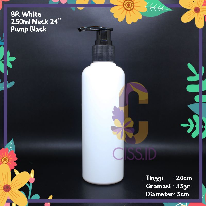 BOTOL PLASTIK BR 250ML PUTIH PUMP HITAM HAND SANITIZER IMPORT PET KOSMETIK LOTION HANDBODY GEL