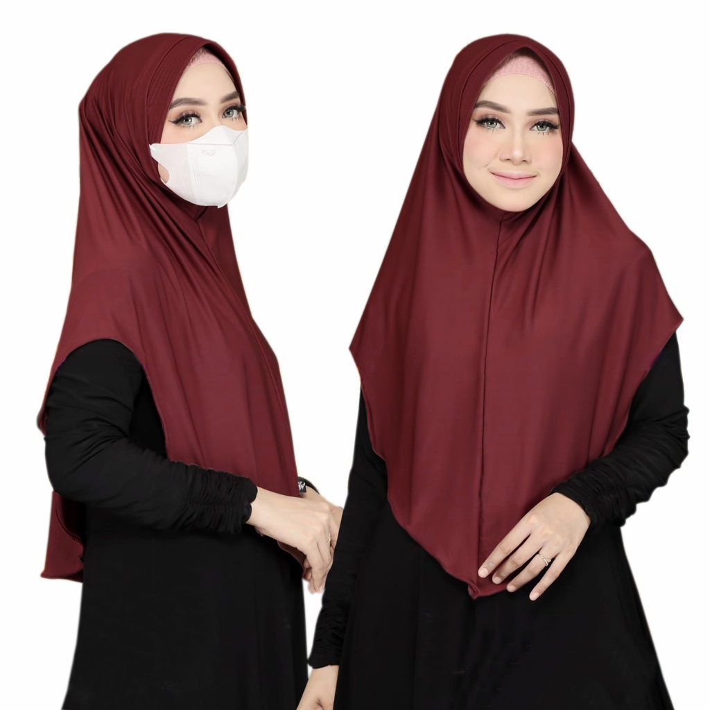 Jilbab Instan Melinda Jersey / Hijab Daily Masker Dan Headset model jilbab lubang telinga earphone (Bergo Melinda)-Maroon