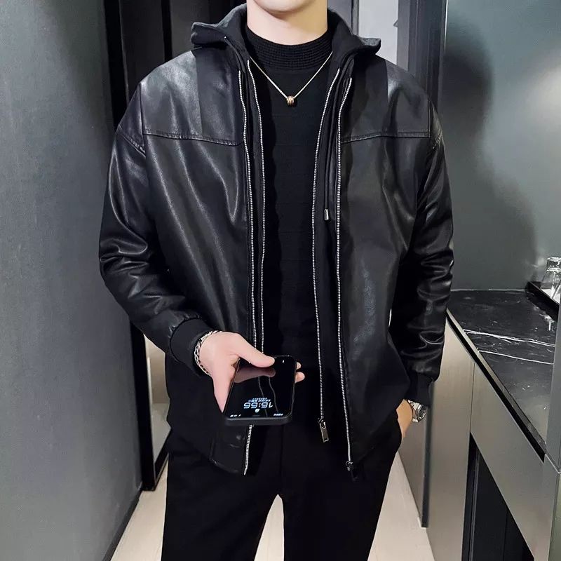 Jaket kulit kupluk - Jaket semi kulit hoodie model resleting 2