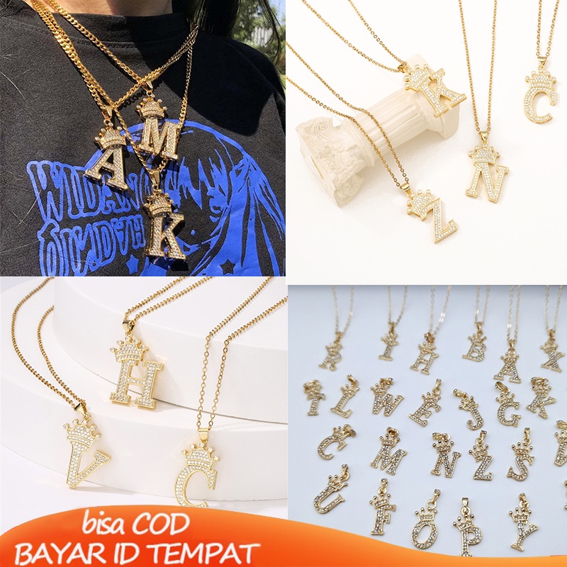 COD ✨1PCS Mahkota 26 Huruf Inggris Kalung Emas Liontin Berlian Korea Wanita Berlian Imitasi Fashion Import Ready Stock Murah