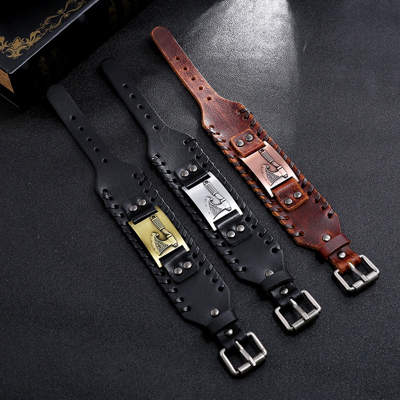 [Z H Perhiasan] Hip Hop Rock Retro Pria Fashion Stainless Steel Viking Rune Gelang Kulit Pesta Perhiasan Aksesoris
