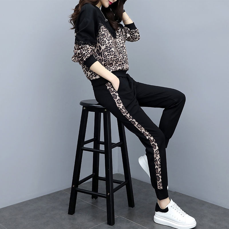 Unique Setelan Wanita Leopard Bunga Print Blus T-Shirt Renda Lengan Panjang + Celana Panjang 2Pcs Set Wear