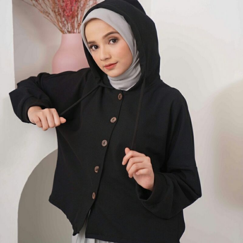 Imelda Hoodie Crop Jaket Wanita polos Oufit Hijab Waffle Knit Over size Terlaris