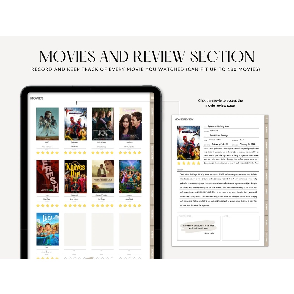 Digital Journal &amp; Planner - Digital Movie Review &amp; Tracker for Goodnotes, Notability, Xodo, (Full Page &amp; Tabs Hyperlinked)