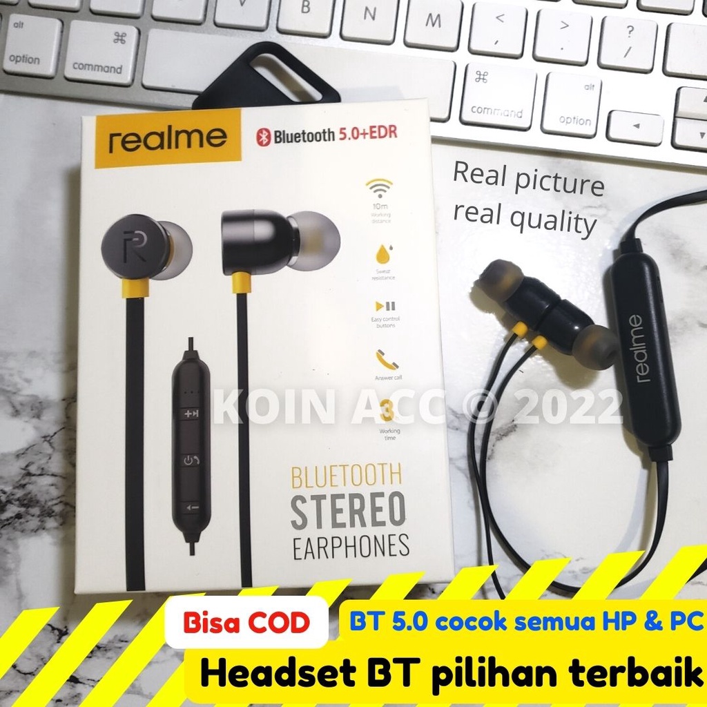 headset bluetooth REALME BUDS BT 5.0  MAGNETIC for music &amp; gaming || hedset/henset/earphone wireless cocok untuk semua HP suara bass - extrabass universal