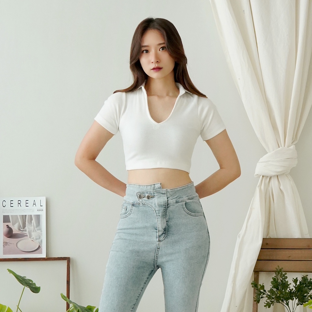 Crop Top Knit Baju Atasan Wanita Kaos Croptop V Neck 076