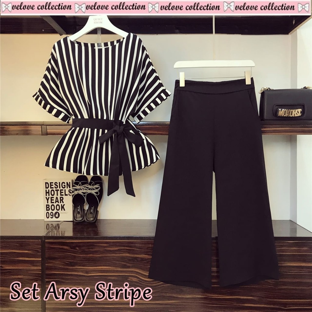 B0310 FF 05 Set arsy stripe Clana pakaian wanita panjang lengan cewe setelan kekinian korea