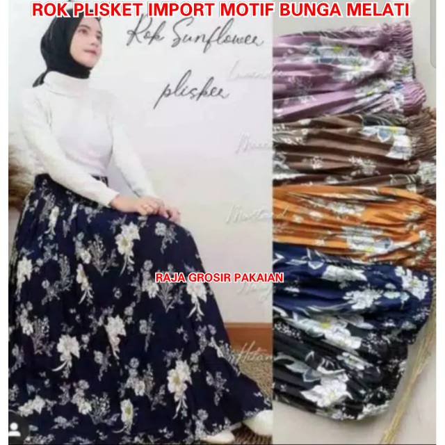 Rok Plisket Import Motif Bunga Melati