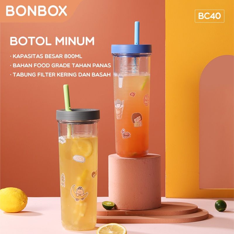 Bonbox BC40 Tumbler Botol Minum Sedotan dengan Filter Teh Buah 800ml