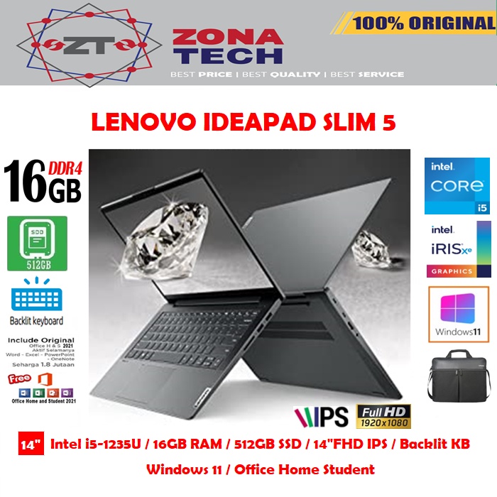 LENOVO IDEAPAD SLIM 5i - i5-1235U - 16GB - 512GB SSD - IRIS XE - BACKLIT KB - 14&quot;FHD IPS - W11 - OHS