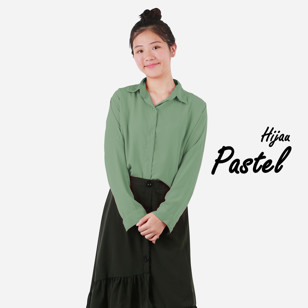 KEMEJA MONALISA POLOS WANITA PANJANG-YELONIX-HIJAU PASTEL