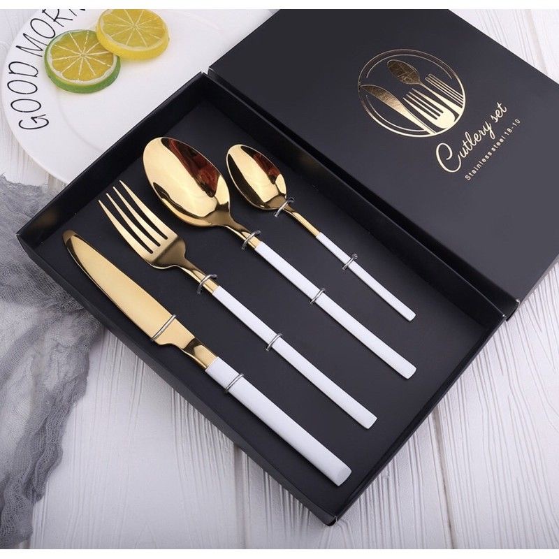 Cutlery Set Golden BNIB Alat Makan Sendok Garpu Knive Tea Spoon Fork Chopstick Gold Pink Black Malang Food Foodies Fancy Pretty Beautiful Round Platter Photograph Photography Premium Quality Stenlis Stenlish Steel Hoki