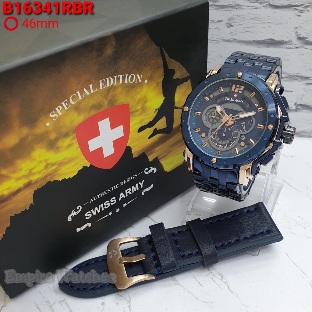 Jam Tangan Swiss Special Edition Pria Cowok Chrono dan Tanggal Aktif Rantai Stainless , Free Strap Leather