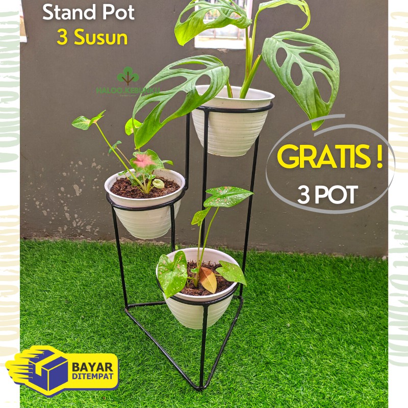 GRATIS 3 Pot Rak Besi Pot Bunga Susun 3 ukuran Pot 12 Standing Pot Tanaman Hias