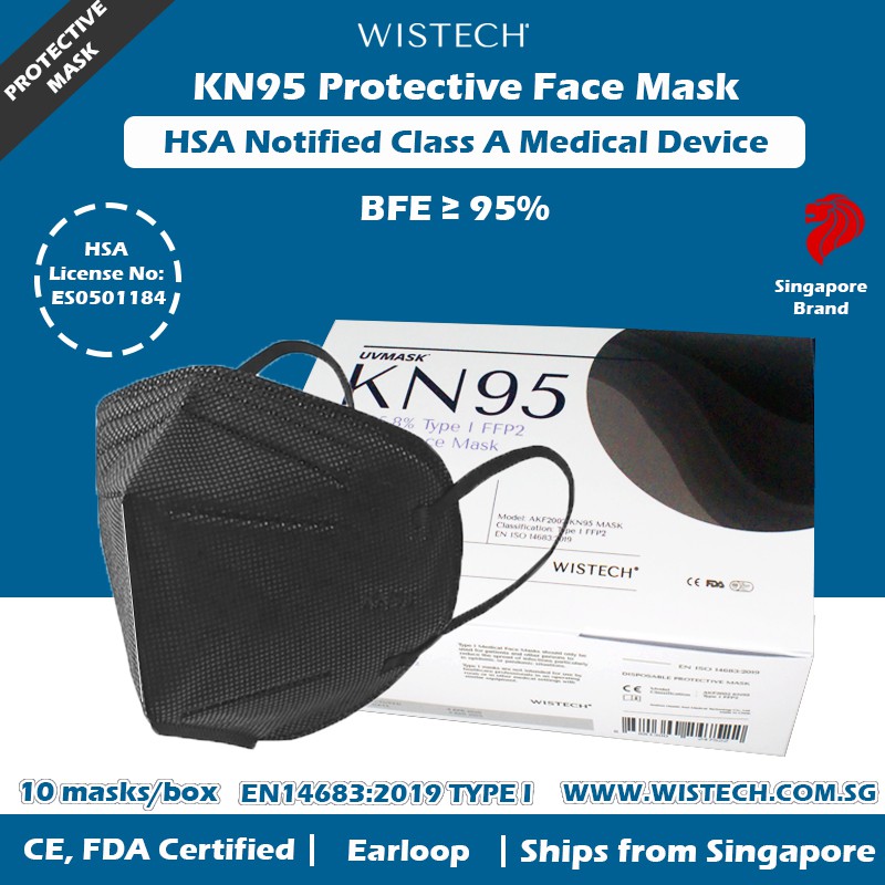 (Black) Wistech KN95 Protective Face Mask, 10 pieces, HSA Notified Medical Device BFE 95%