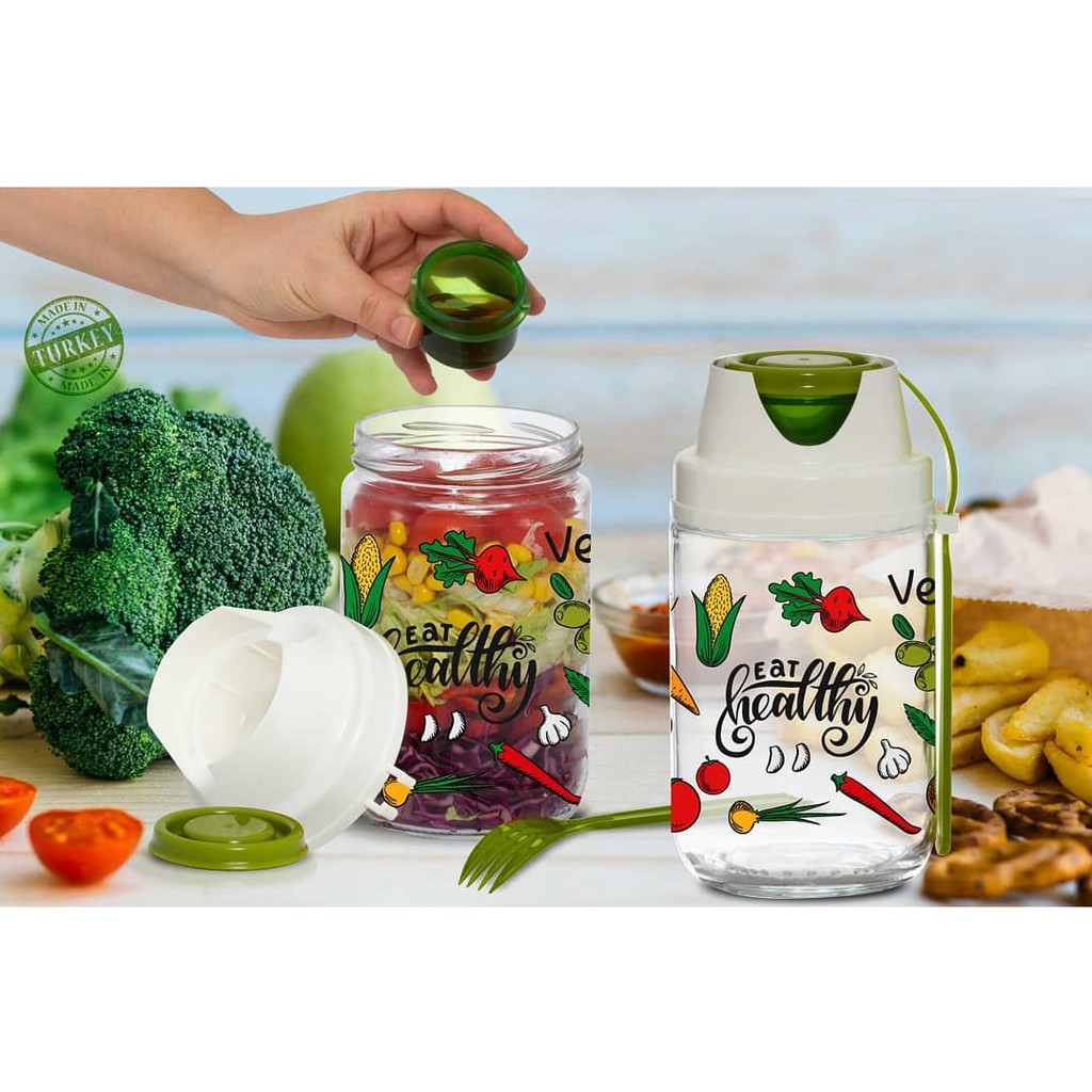 Salad Jar Kaca Herevin 660ml/ Tempat Salad Dengan Garpu/ Tempat Salad On The Go