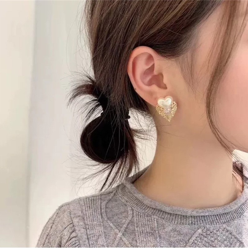 Anting 925 Silver Needle Bentuk Hati Aksen Mutiara Bahan Logam Gaya Eropa Amerika Untuk Wanita