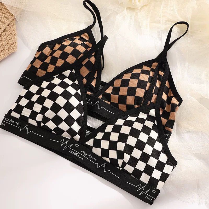 HUES.ID Bra Wanita Tanpa Kawat Bahan Halus BH Pakaian Dalam Bra Push Up Motif Catur 1086