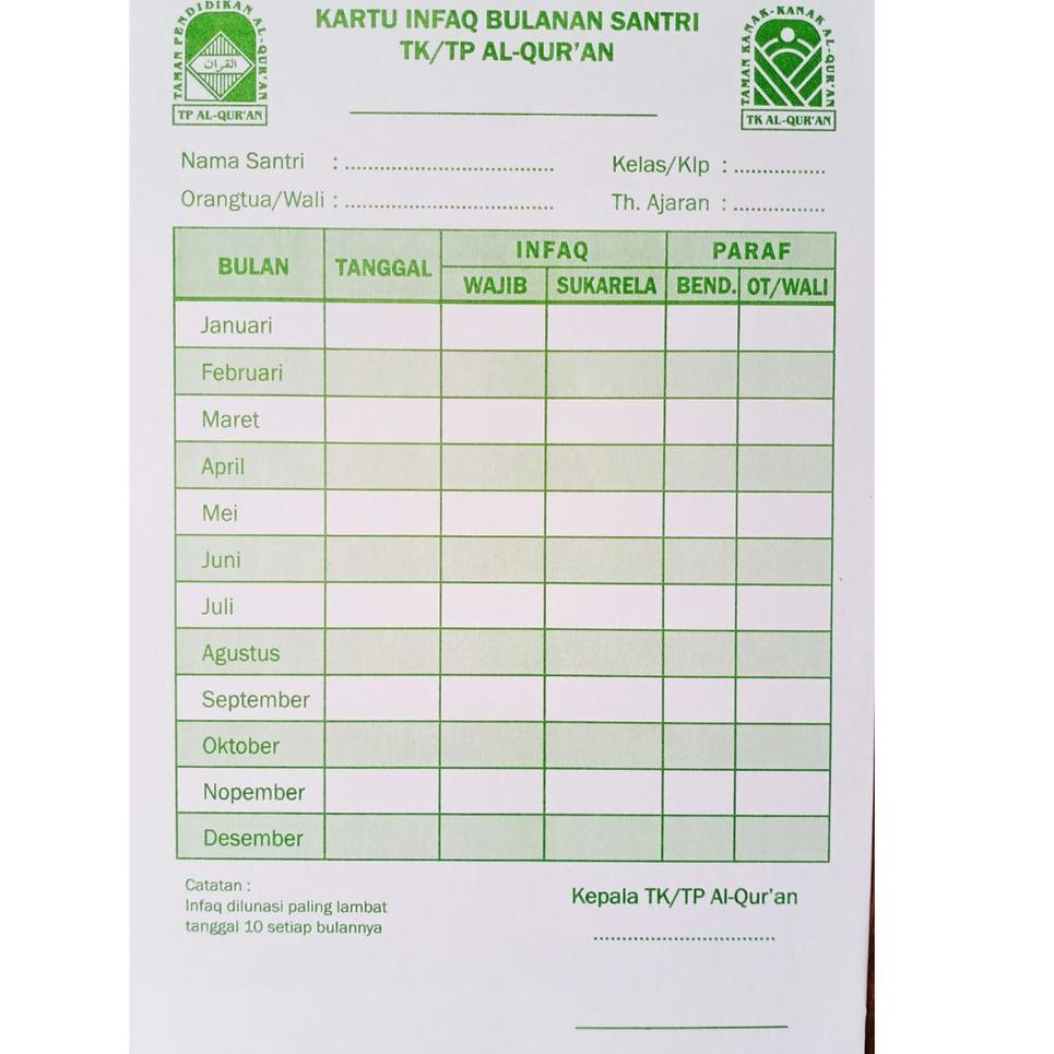 

idMm3M7- Kartu Infaq Bulanan Santri TKA TPA Warna Hijau (Isi 50 Lembar)