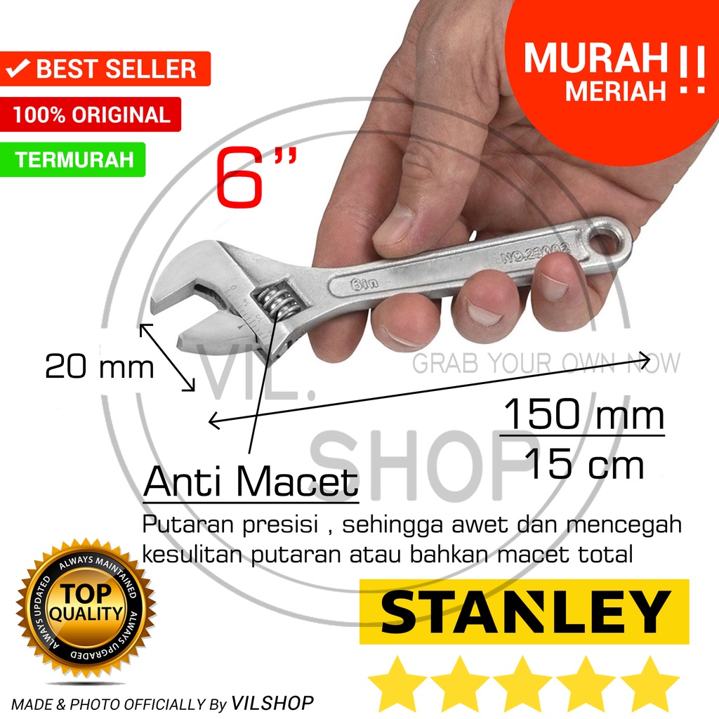 KUNCI INGGRIS STANLEY 6 INCH 6 INCI 150 MM 15CM KECIL / ADJUSTABLE WRENCH SPANNER 6" / ENGLISH KEY
