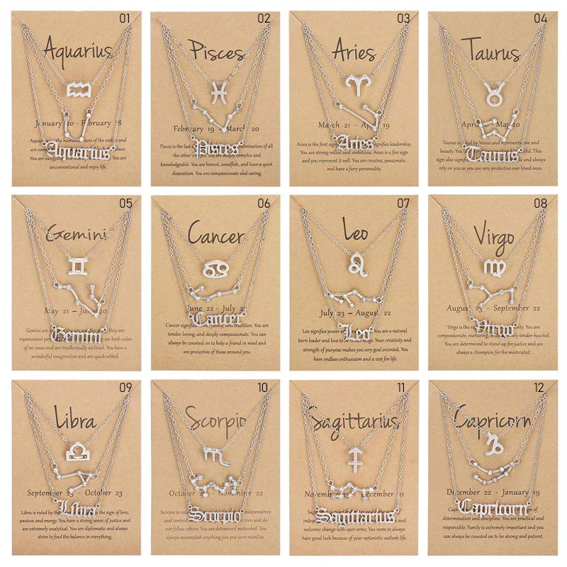 3pcs / Set Kalung Rantai Dengan Liontin Bentuk 12 Zodiak Kanker Leo Scorpio Warna Emas