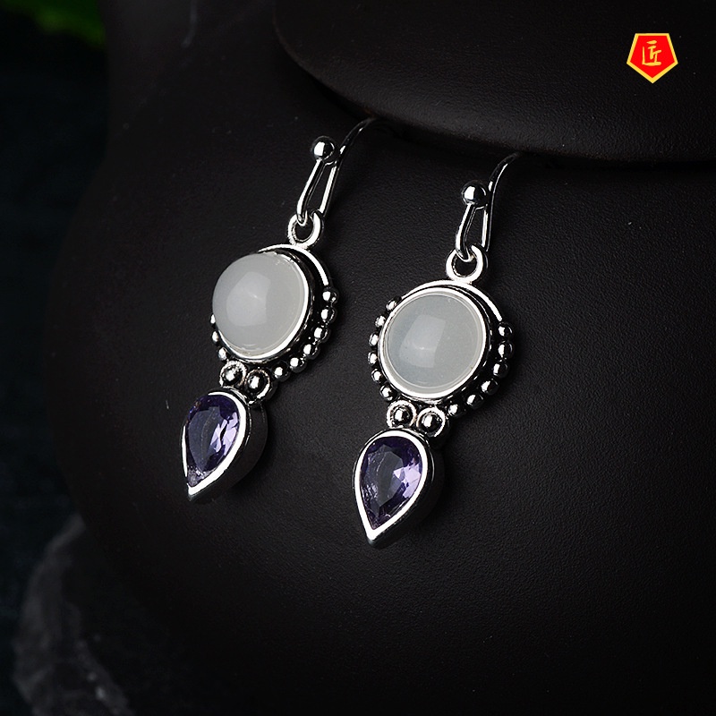 [Ready Stock]S925 Retro Silver Amethyst Moonstone Earrings Temperament