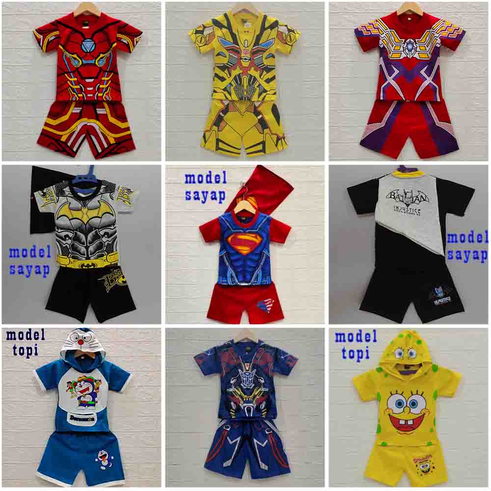 MKids88 - Baju Setelan Kaos Anak Superhero Karakter IRONMAN Bumblebee Optimus Batman Ultraman dll