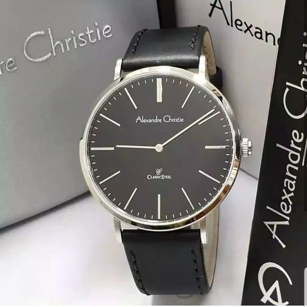 Alexandre christie original ac8490 jam pria tali kulit hitam