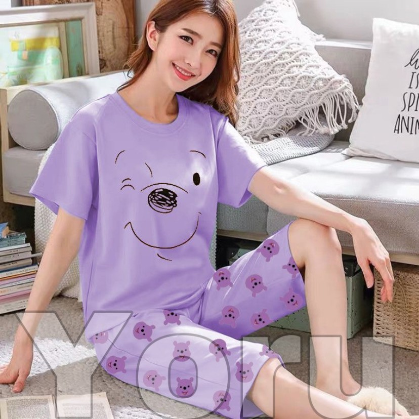 Pamelo.id Stelan C3/4 Baby Doll / Suplier Sleep Wear / Baju Tidur Wanita kaos Katun / Stelan Baju Tidur Murah Produk Terlaris Set HP