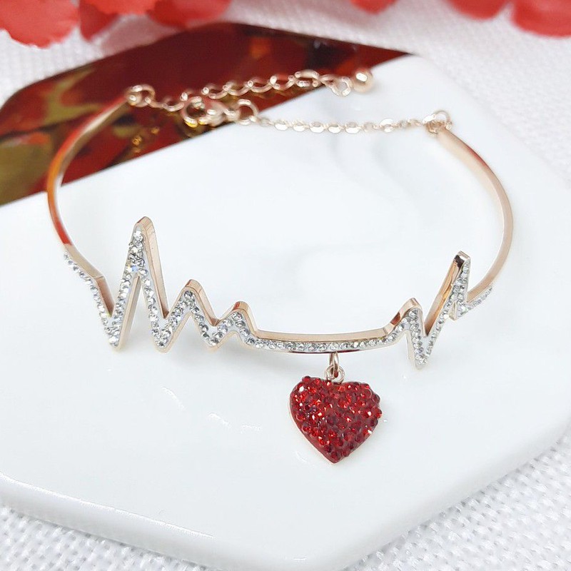 Gelang Titanium Bangle Detak Jantung Love Permata Merah Rose Gold - BB542