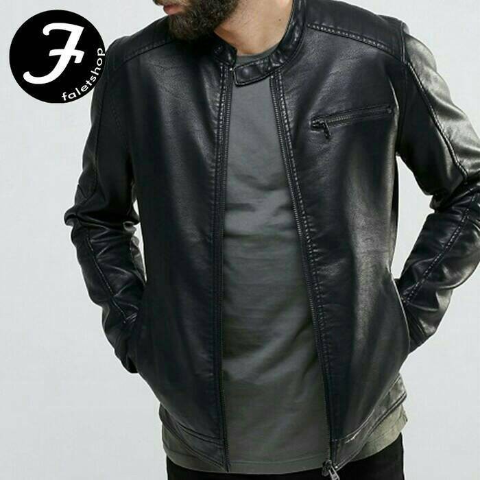 Jaket Semi Kulit PRIA Hitam 90% Mirip Kulit Asli Jaket Cowok Kece