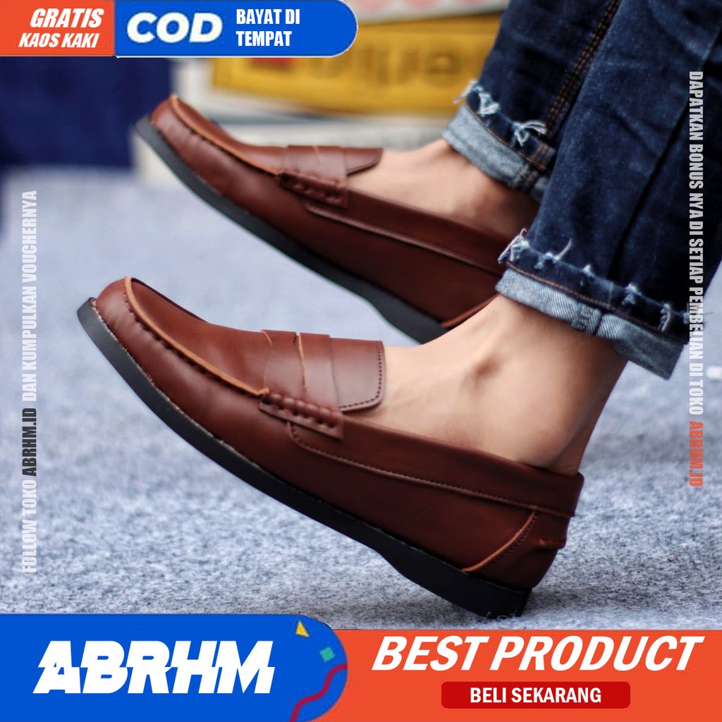ABRHM x IRISH Sepatu Slip On Pria Kulit Pu Premium Sepatu Pria Casual Pantofel Kerja Kantor Kuliah Sepatu Kasual Semi Formal Gaya Santai Keren Kekinian Original Murah Terlaris