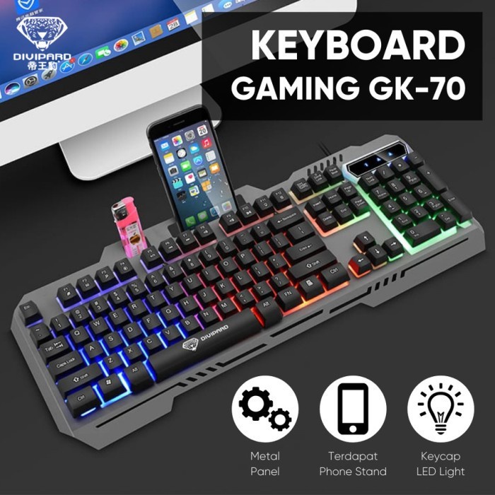 Keyboard Gaming Divipard GK-70 Kabel USB 2.0 Plus LED Lightning Metal