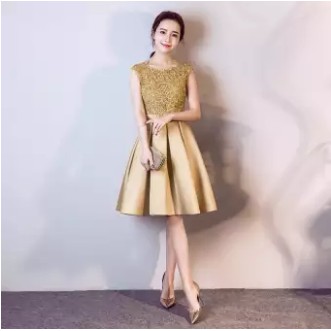 Gaun Breidesmaid sederhana Elegan Model Pendek Gold