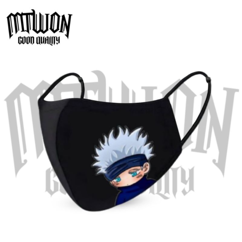 Masker JUJUTSU KAISEN anime SATORU GOJO / kain 3 lapis/ply /black Earloop headloop / pria wanita dew