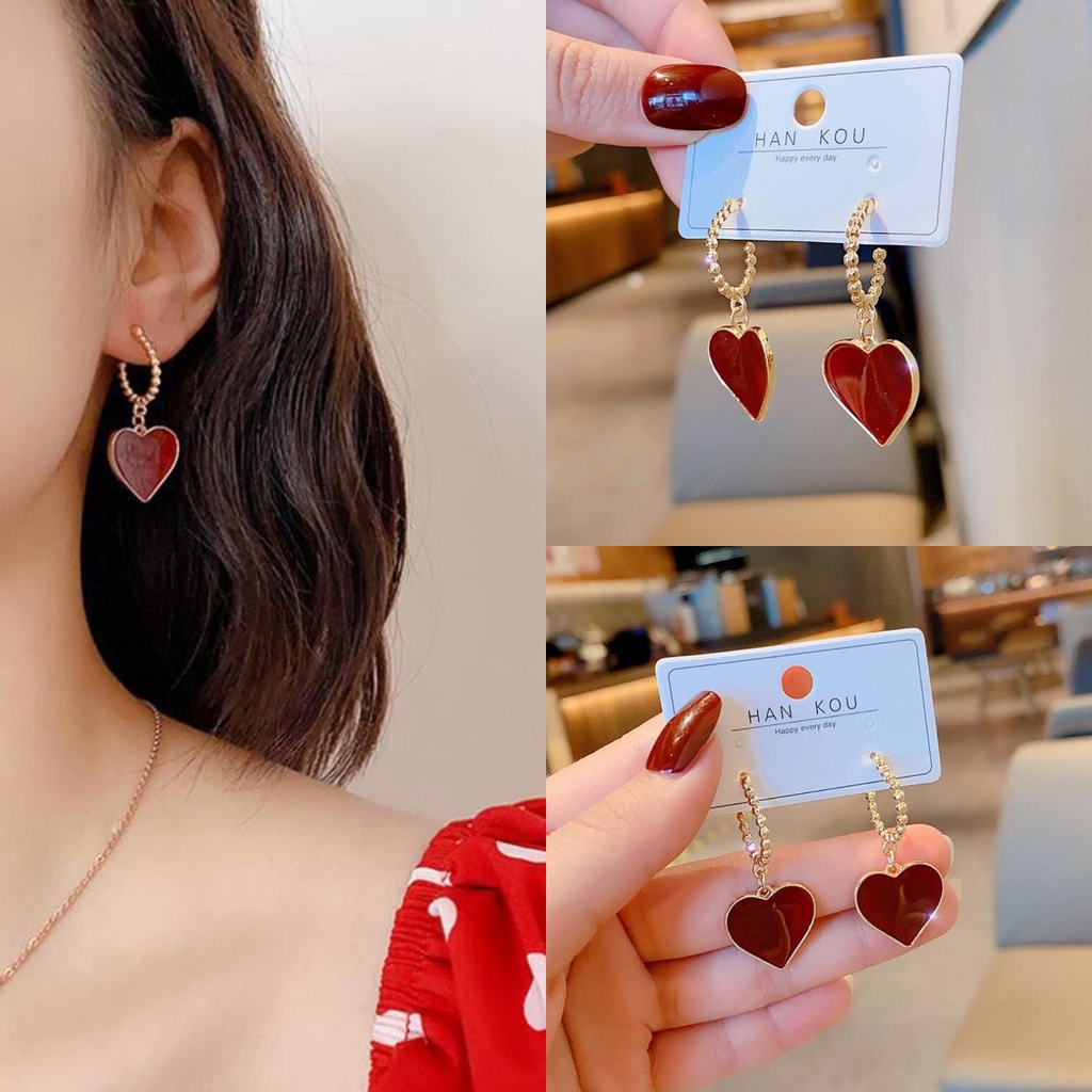 【COD Tangding】Anting Bentuk Hati Warna Merah Gaya Vintage Untuk Aksesoris Perhiasan